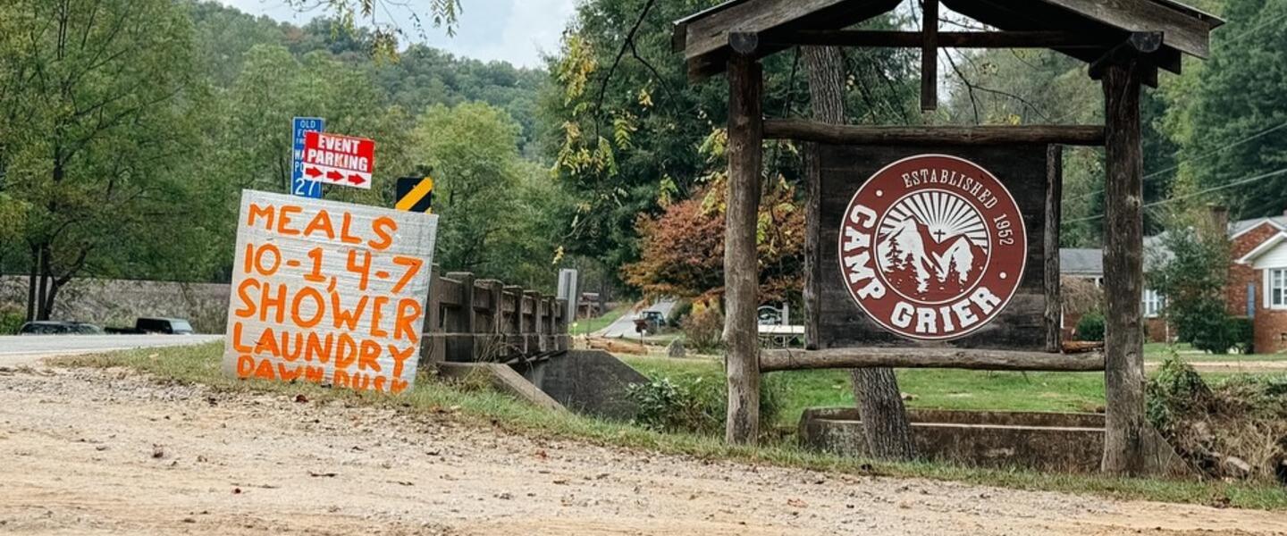Sign in front of Camp Grier directing residents to relief after Hurricane Helene