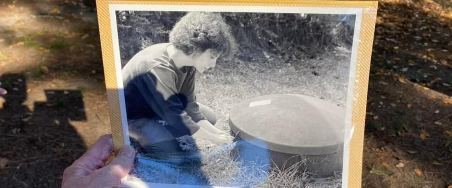A picture of a photo of the Shalhoub home bomb shelter.