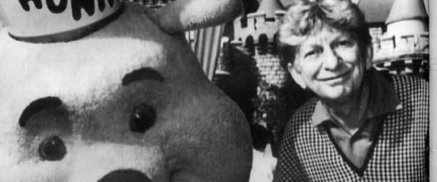 Sterling Holloway, the voice of Winnie The Pooh, with Winnie The Pooh at a Disney Park