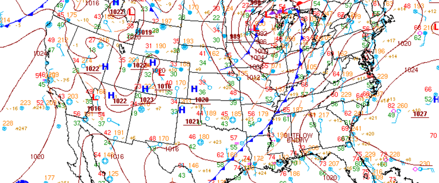 Surface weather map for Monday, April 16, 2012. (Courtesy: NOAA, NWS, and the HPC) Surface weather map for Monday, April 16, 2012. (Courtesy: NOAA, NWS, and the HPC)