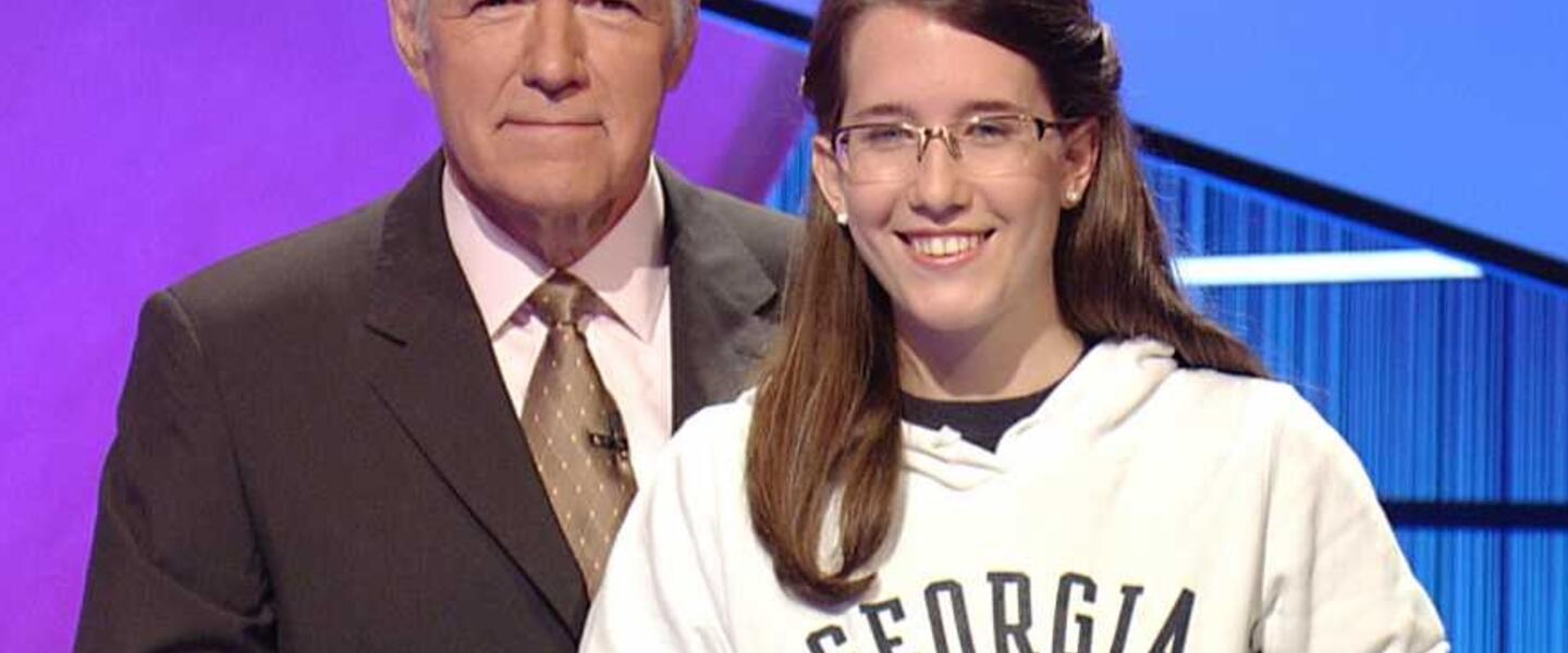 Georgia Tech Student Kristin Jolley with Jeopardy Host Alex Trebek (photo courtesy of NBC) Georgia Tech Student Kristin Jolley with Jeopardy Host Alex Trebek (photo courtesy of NBC)
