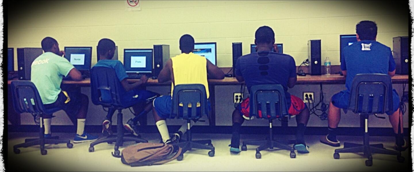 Chattahoochee High School football players take the baseline test on computers Chattahoochee High School football players take the baseline test on computers