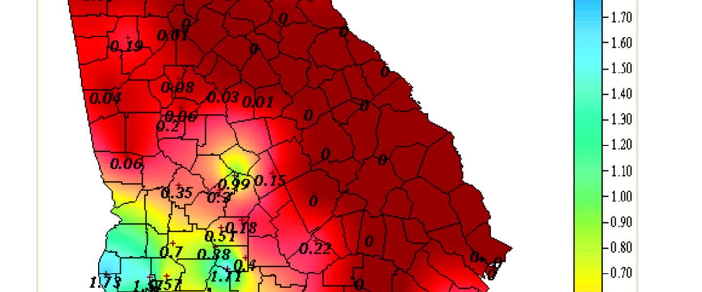 The total amount of rainfall from 12am through 9pm on Sunday, September 4th. Image courtesy of GeorgiaWeather.net The total amount of rainfall from 12am through 9pm on Sunday, September 4th. Image courtesy of GeorgiaWeather.net