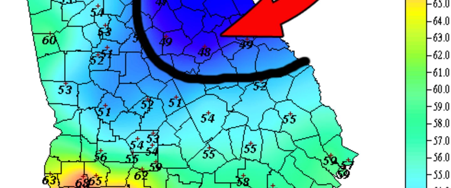"The Wedge", a weather pattern characterized by a pool of cold air.  Image couretsy of GeorgiaWeather.net.