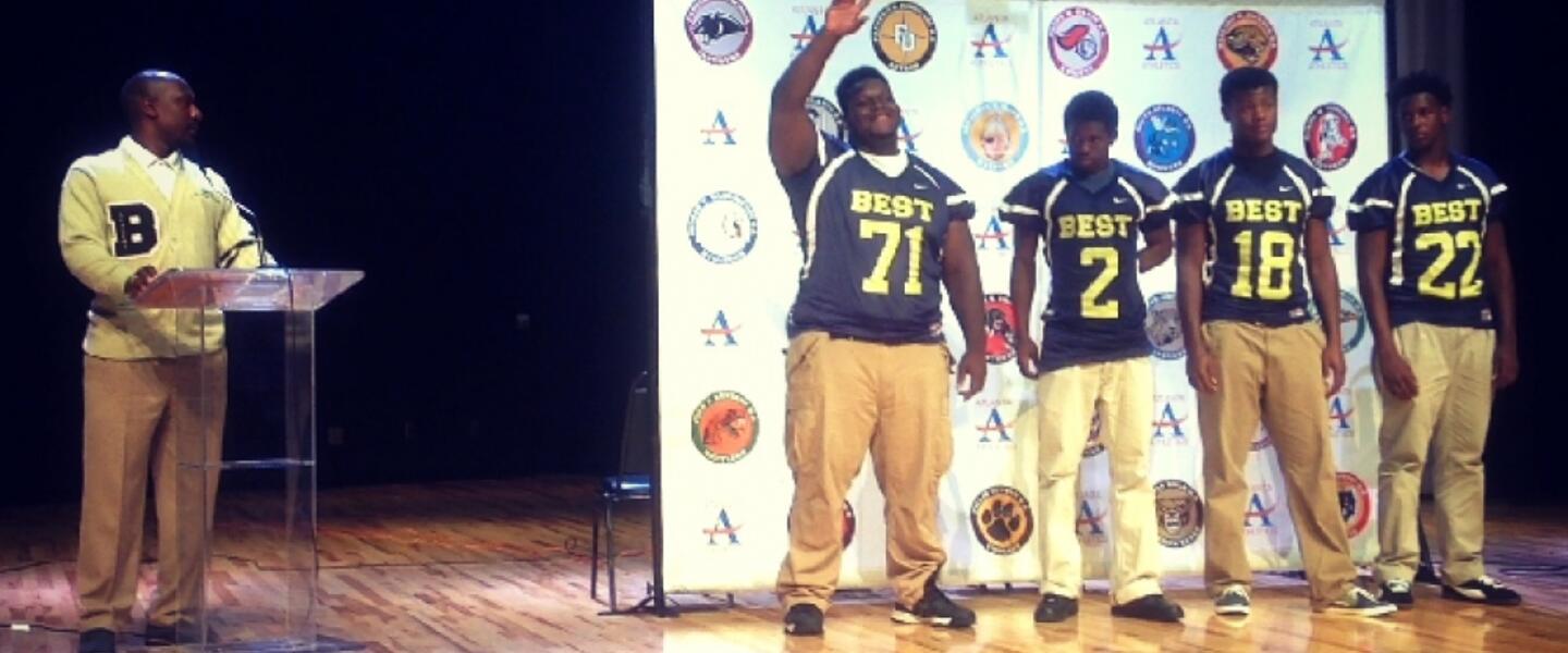 Head Coach Joshua Moore introduces senior defensive tackle/offensive guard Tyler Gibson at APS Media Day. Head Coach Joshua Moore introduces senior defensive tackle/offensive guard Tyler Gibson at APS Media Day.