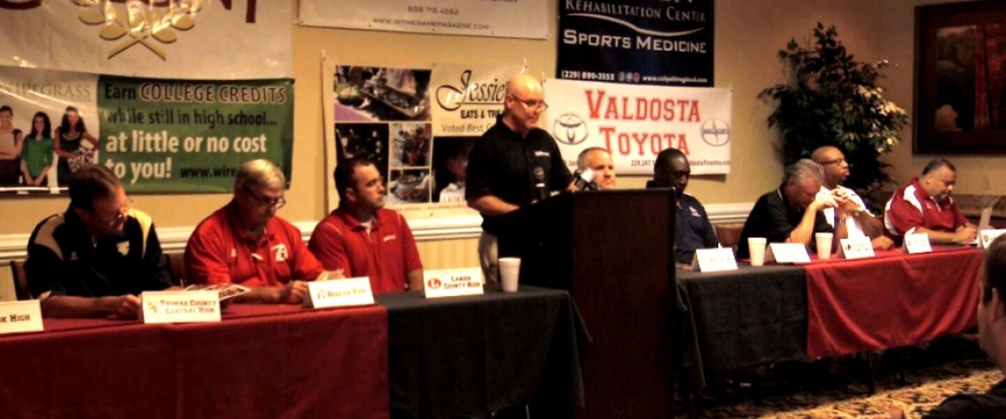 Mark Dykes addresses fans and media gathered to hear from some of South Georgia's most highly-esteemed football coaches. Mark Dykes addresses fans and media gathered to hear from some of South Georgia's most highly-esteemed football coaches.