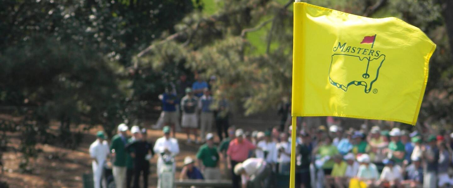 A view of a flag at a hole on Augusta National Golf Course during The Masters Tournament.