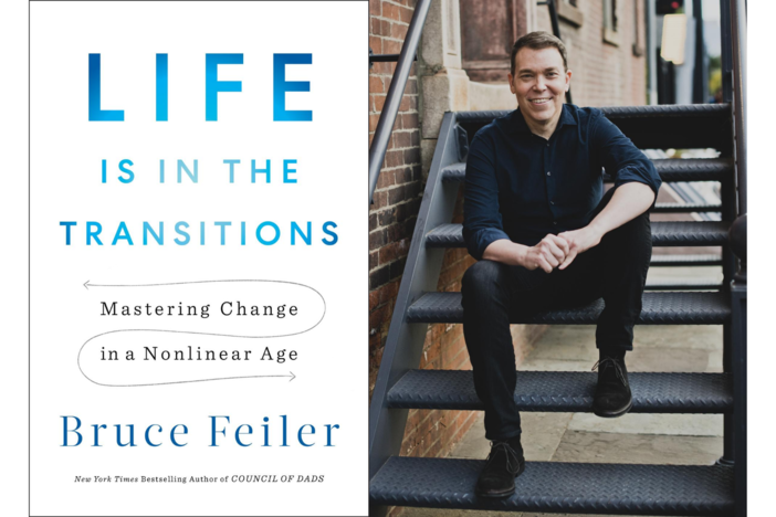 On the left, a cover of the Bruce Feiler's book "Life is in the Transitions: Mastering Change in a Nonlinear Age." On the right, a photo of Bruce Feiler, wearing all black, smiling and sitting on the stairs of a fire escape.