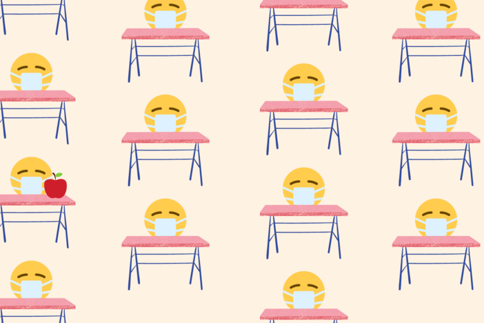 Emoji students sit behind a row of students in this graphic illustration.