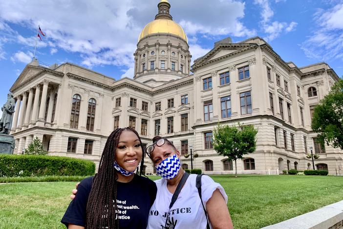 Kylie Rice, 16, and her mother, Tevi, after a protest the teen organized outside the state Capitol in June.