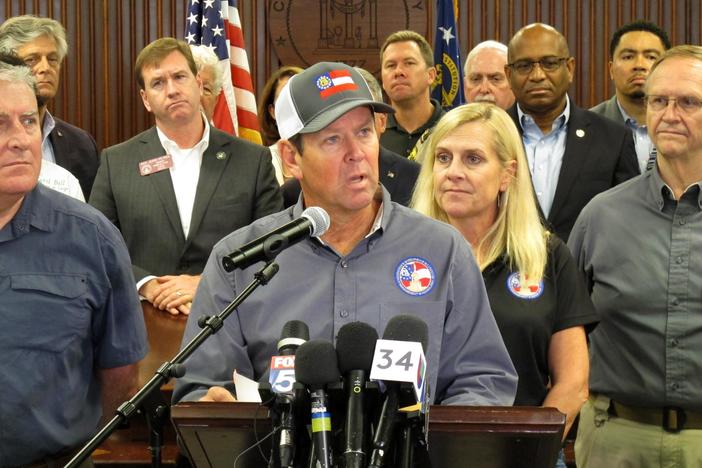 Georgia Gov. Brian Kemp discusses evacuations and emergency plans for Hurricane Dorian during a news conference Monday, Sept. 2, 2019, in Savannah, Ga. Kemp ordered a mandatory evacuation affecting all of Georgia's six coastal counties.