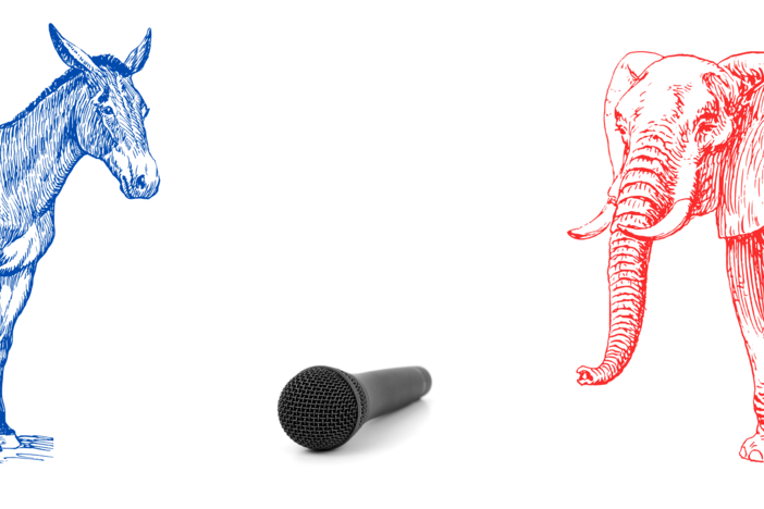 An illustration of a blue donkey and a red elephant with a microphone between them.