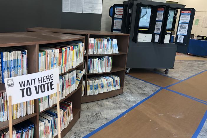 A voting sign inside a polling location in Atlanta.