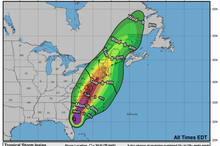 Tropical Storm Isaias wind speed predictions as of 11 a.m. Monday