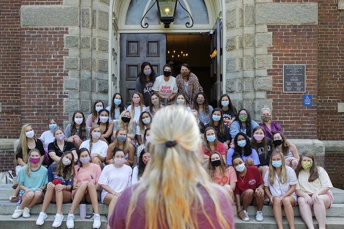 Mercer University students pledging the Phi Mu sorority pose for a group photo outside Willingham Hall on the Macon campus recently. 