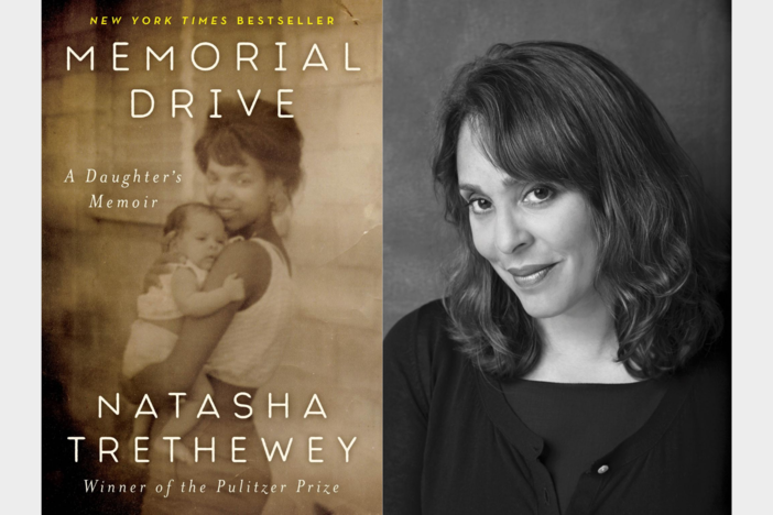 On the left, the cover of Natasha Trethewey's new memoir, "Memorial Drive," is a sepia-toned photo of her young mother holding a baby; on the right, a black-and-white photo of Natasha Trethewey.