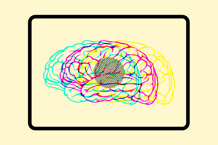 A graphic illustration depicting overlapping drawings of a brain.