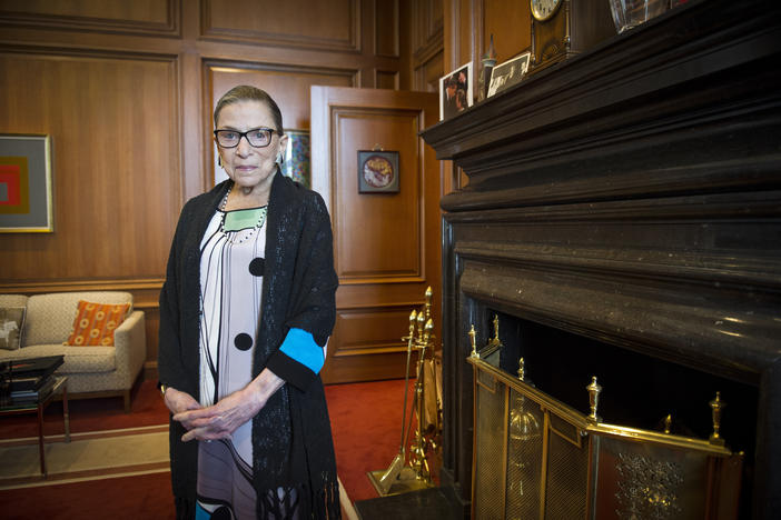 In this July 31, 2014, file photo, Associate Justice Ruth Bader Ginsburg is seen in her chambers in at the Supreme Court in Washington. The Supreme Court says Ginsburg has died of metastatic pancreatic cancer at age 87. 