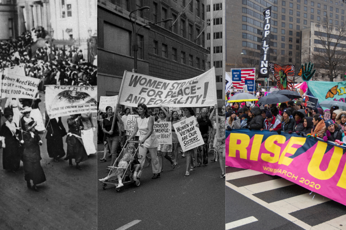 On the left, a grainy black and white image of women suffragettes marching and holding up banners from a 1917 march; in the middle, a black and white photo of female marchers holding up a "women strike for peace and equality" banner from a 1970 women's liberation march in New York City, where a woman pushes a stroller with a child in the foreground; on the right, an image from the 2020 women's march in Washington D.C. with a group holding up a yellow, pink and blue banner reading "rise up"  