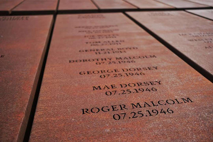 The names of the four victims of the Moore's Ford Bridge lynching, enscribed at National Memorial for Peace and Justice in Montgomery, Ala. 