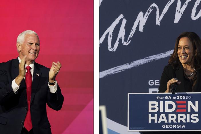 L: Vice President Mike Pence greets the crowd before he speaks during a Faith and Freedom Coalition policy conference in Atlanta on Wednesday, Sept. 30, 2020. R: Democratic vice presidential candidate Sen. Kamala Harris, D-Calif., speaks during a campaign event at Morehouse College , Friday, Oct. 23, 2020, in Atlanta.