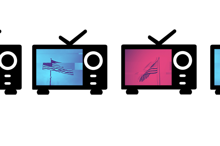 An illustration of a series of television sets with blue and red stylized photos of American flags.