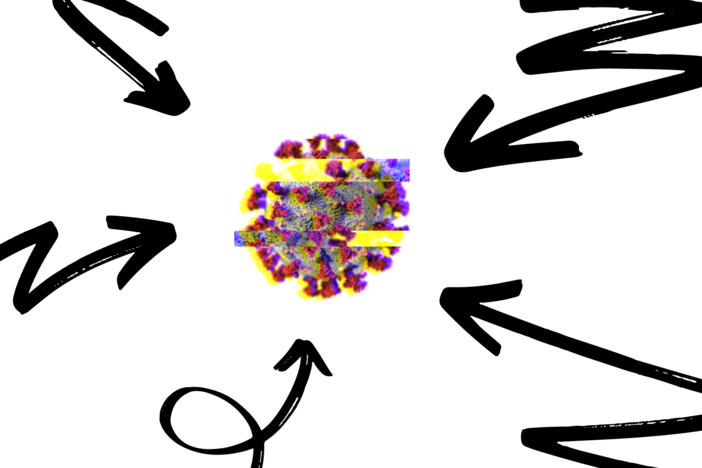 An illustration of several arrows pointing at a graphic of a COVID virus at the center of the screen.