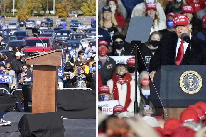 Democratic vice presidential candidate Sen. Kamala Harris speaks to supporters in Duluth, Nov. 1, 2020, as President Trump campaigns the same day in Rome.