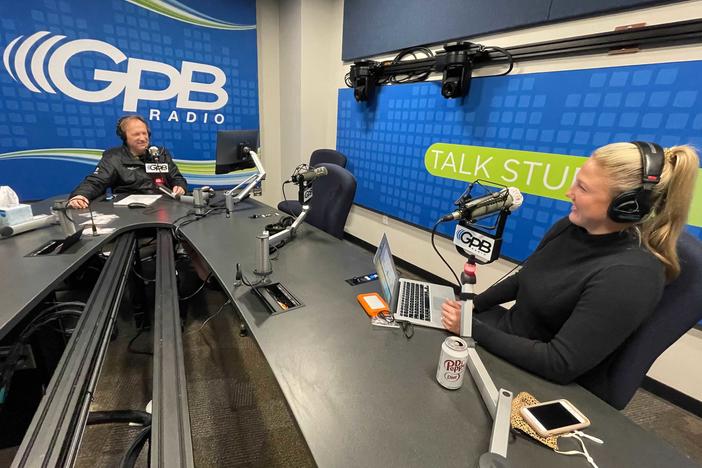 Hosts Jon Nelson and Hannah Goodin during a taping of the "Football Fridays in Georgia" podcast.