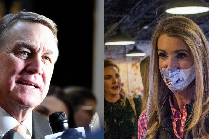 A splitscreen image of Senators David Perdue and Kelly Loeffler.