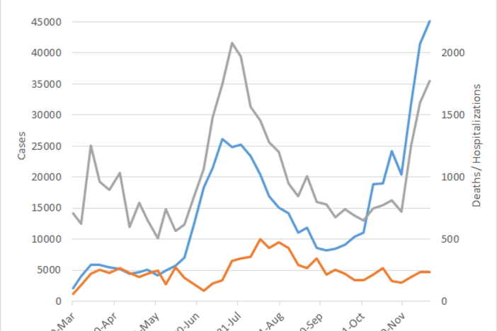 graph of new cases, deaths and hospitalizations