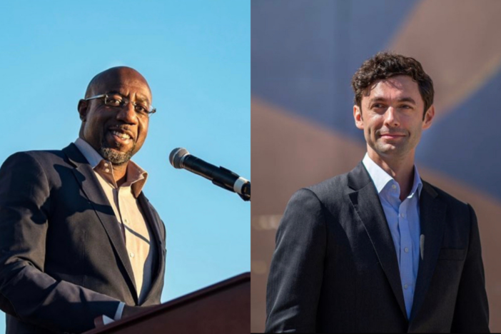 A splitscreen image of Reverend Raphael Warnock and Jon Ossoff.