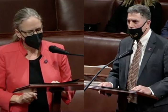 A split image of Carolyn Bourdeaux and Andrew Clyde during impeachment proceedings in Congress.