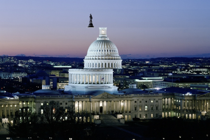 An image of the U.S. capitol at night with the image clipped and altered.