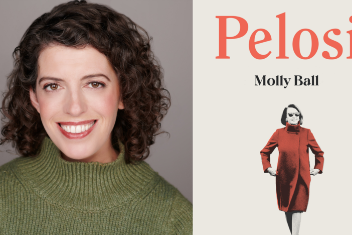 A side-by-side shot of author Molly Ball and her new book Pelosi.