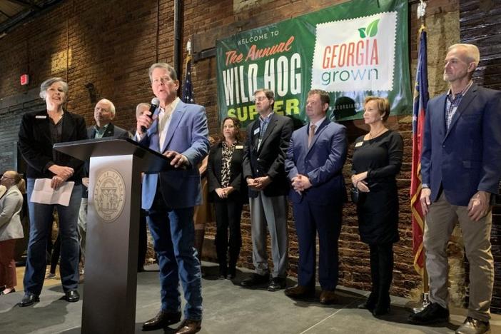 The Wild Hog Supper that is a signature legislative session kick-off event and major fundraiser for the Georgia Food Bank Association is cancelled for 2021 because of the COVID-19 pandemic. In 2020, Gov. Brian Kemp addresses the large crowd of influential leaders during the supper.
