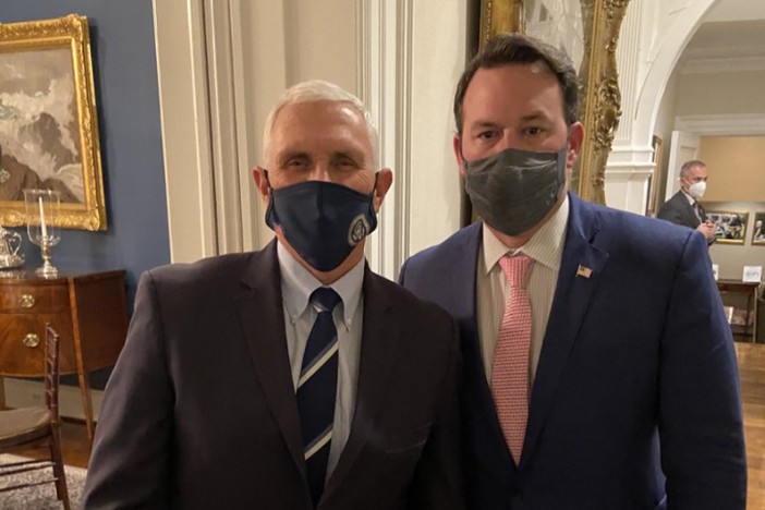 State Sen. Burt Jones (R-Jackson) poses with former Vice President Mike Pence on Jan. 5 at the Naval Observatory in Washington D.C., the night before a violent insurrection attempt at the U.S. Capitol.