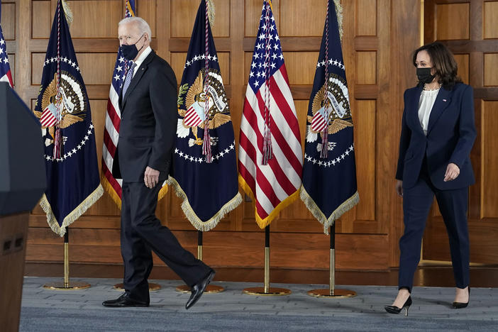 President Joe Biden and VP Kamala Harris together on a stage at Emory University.