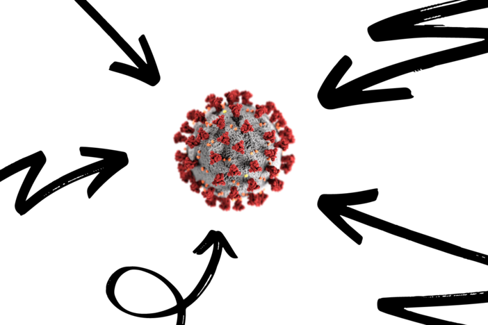 An illustration of arrows pointing at a single virus.