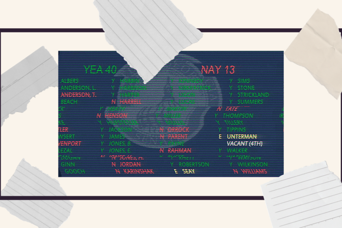 An illustration of paper falling over a screen showing a vote on a bill.