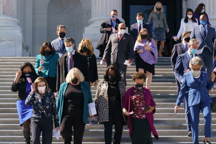 Lawmakers on the steps of congress.