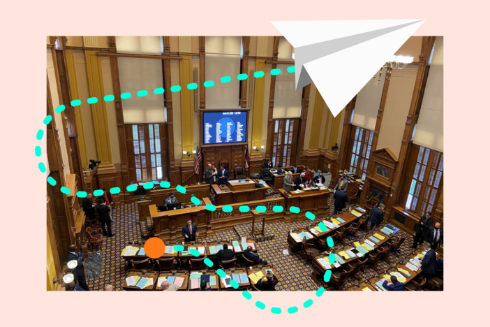 An illustration of a paper plane flying across a photo of the General Assembly.