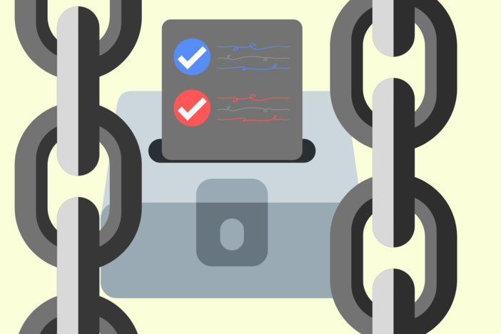An illustration of a ballot box in chains.