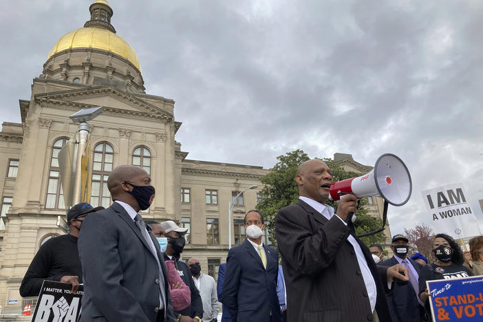 A crowd protests outside of the Georgia capitol.