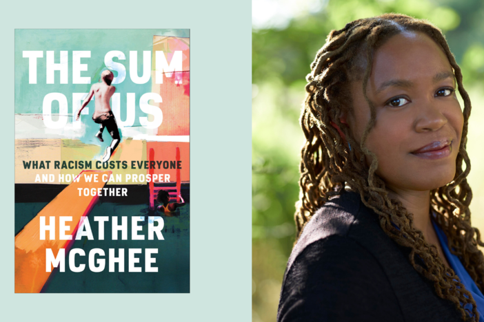 An illustration of author Heather McGhee and the cover of her book, The Sum Of Us.