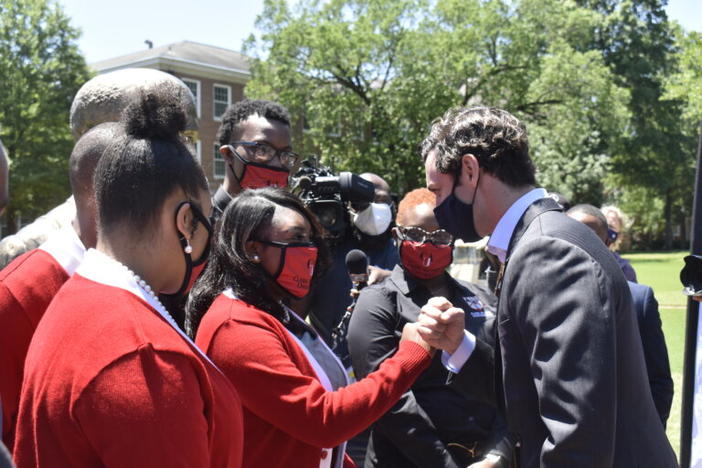 Sen. Jon Ossoff speaks with Atlanta HBCU students after delivering remarks at Clark Atlanta University.