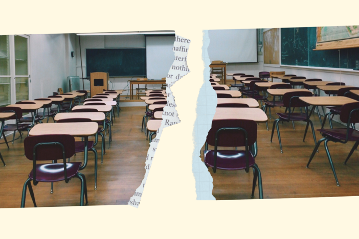 A photo of a classroom torn in half.