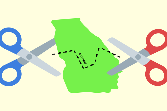 An illustration of two scissors, one blue and one red, bisecting Georgia.