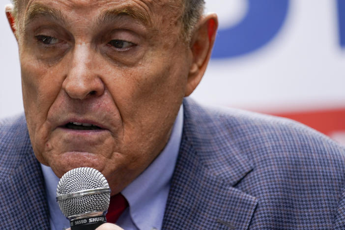 In this June 21, 2021, file photo former New York City Mayor Rudy Giuliani speaks during a campaign event for Republican mayoral candidate Curtis Sliwa in New York. An appeals court suspended Giuliani from practicing law in New York because he made false statements while trying to get courts to overturn Donald Trump’s loss in the presidential race. The ruling, signed Thursday, June 24 will prevent Giuliani from representing clients as a lawyer.