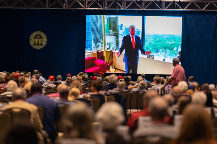 Former President Donald Trump addresses, virtually, the Georgia GOP convention at Jekyll Island on Saturday, June 5, 2021. 